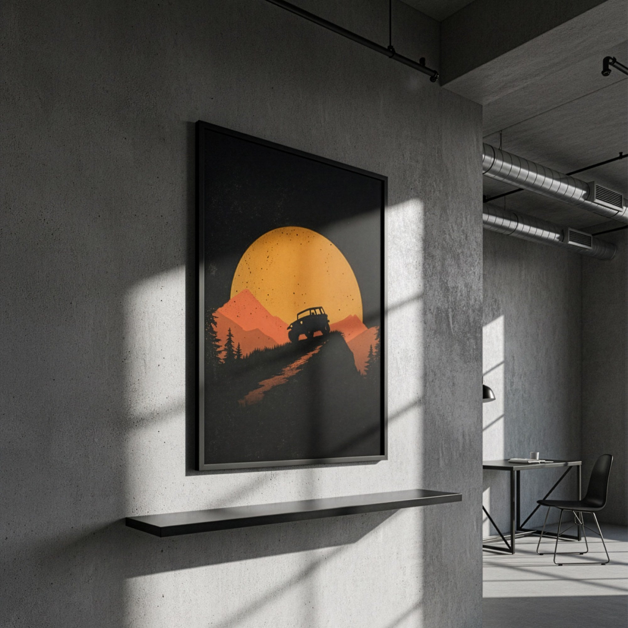 Off road arazi aracı posteri, gri beton duvarda raf üzerinde siyah çerçeveli