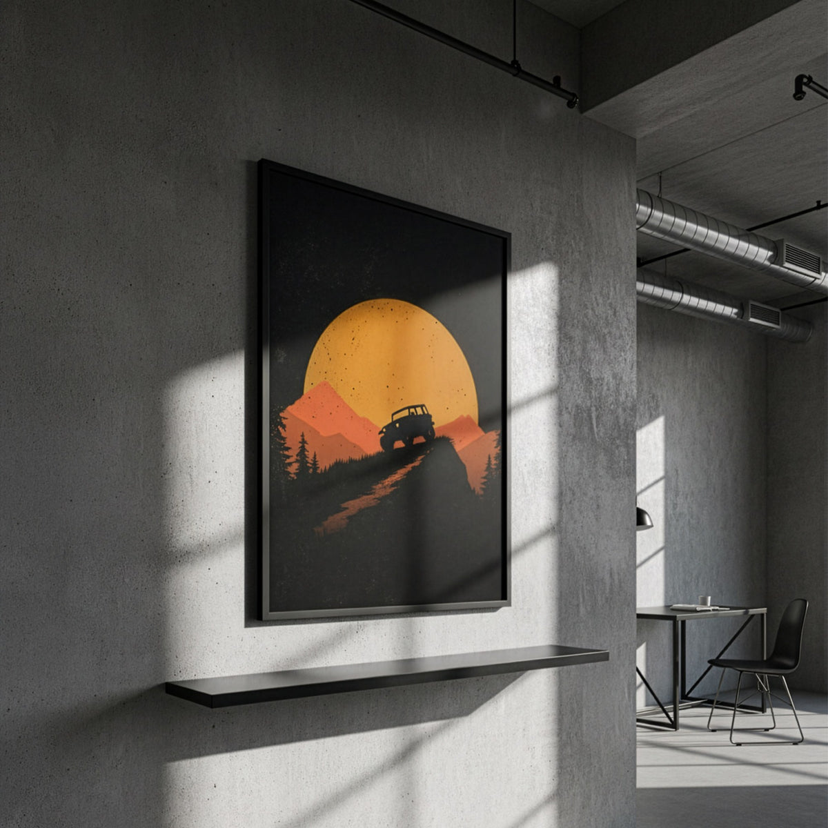 Off road arazi aracı posteri, gri beton duvarda raf üzerinde siyah çerçeveli
