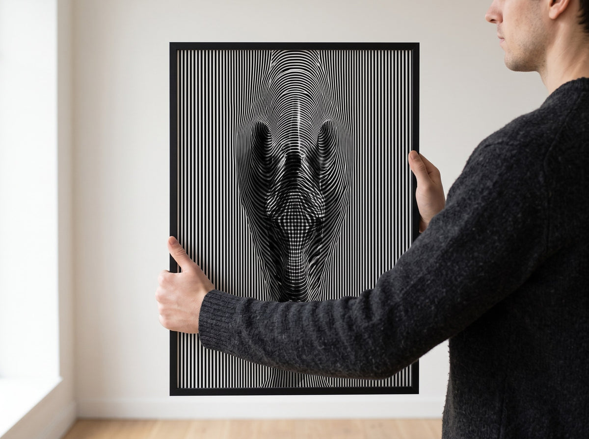Siyah çerçeveli zebra posteri bir erkek tarafından tutulurken, çerçeveli poster ölçü karşılaştırması