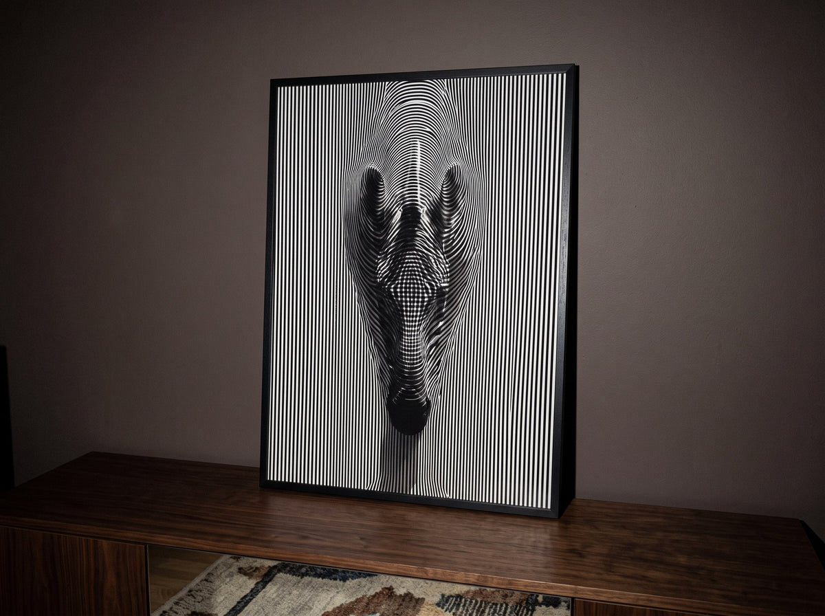 Monokrom zebra posteri, flaş ışığında ahşap konsola yaslanmış siyah çerçeveli, kahverengi duvar önünde