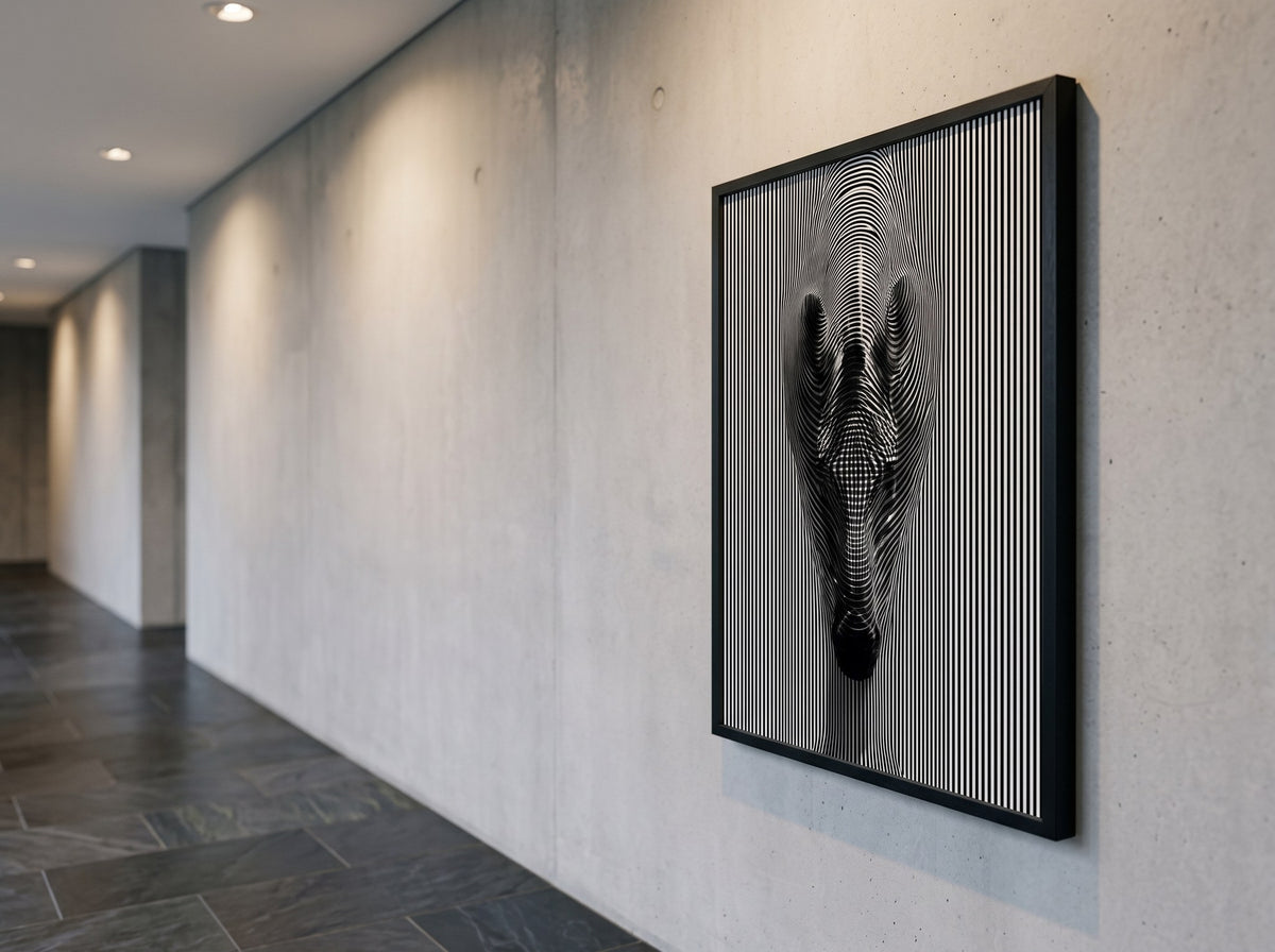 Çizgilerden beliren zebra posteri, beton duvarlı uzun bir koridorda siyah çerçeveli