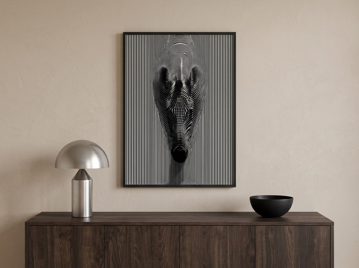 Optik illüzyonlu zebra posteri, salonda ceviz konsol üzerinde siyah çerçeveli, metal masa lambasıyla