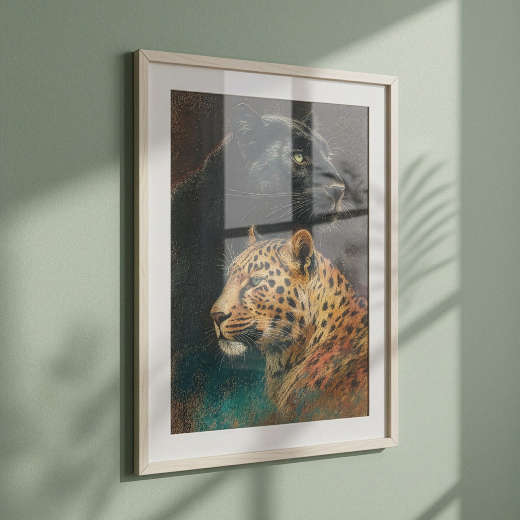Siyah panter ve leopar posteri, adaçayı yeşili duvarda beyaz paspartulu çerçeveyle