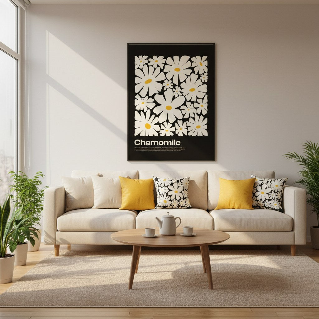 Papatya desenli poster, sarı yastıklı kanepenin üzerinde siyah çerçeveli