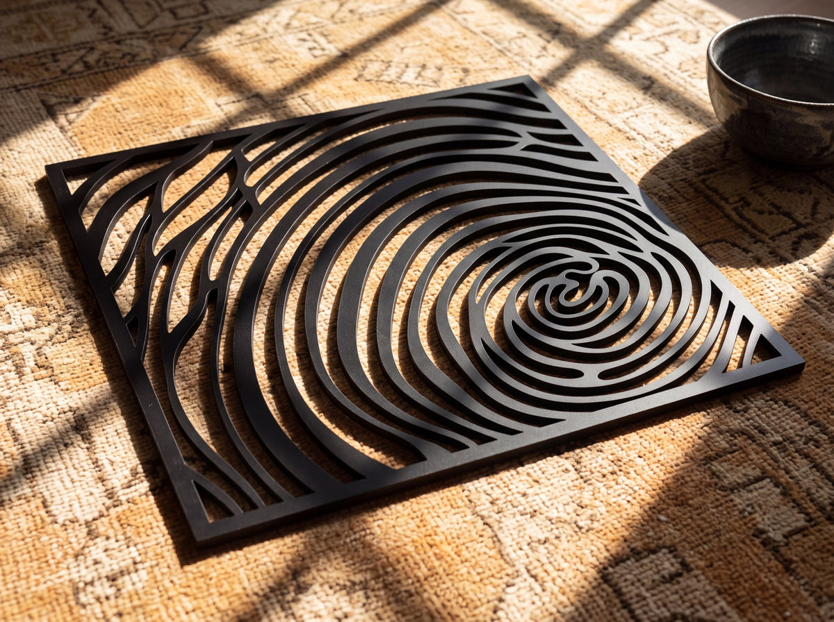 Parmak izi desenli ahşap duvar dekoru, güneş ışığı vuran desenli halının üzerinde