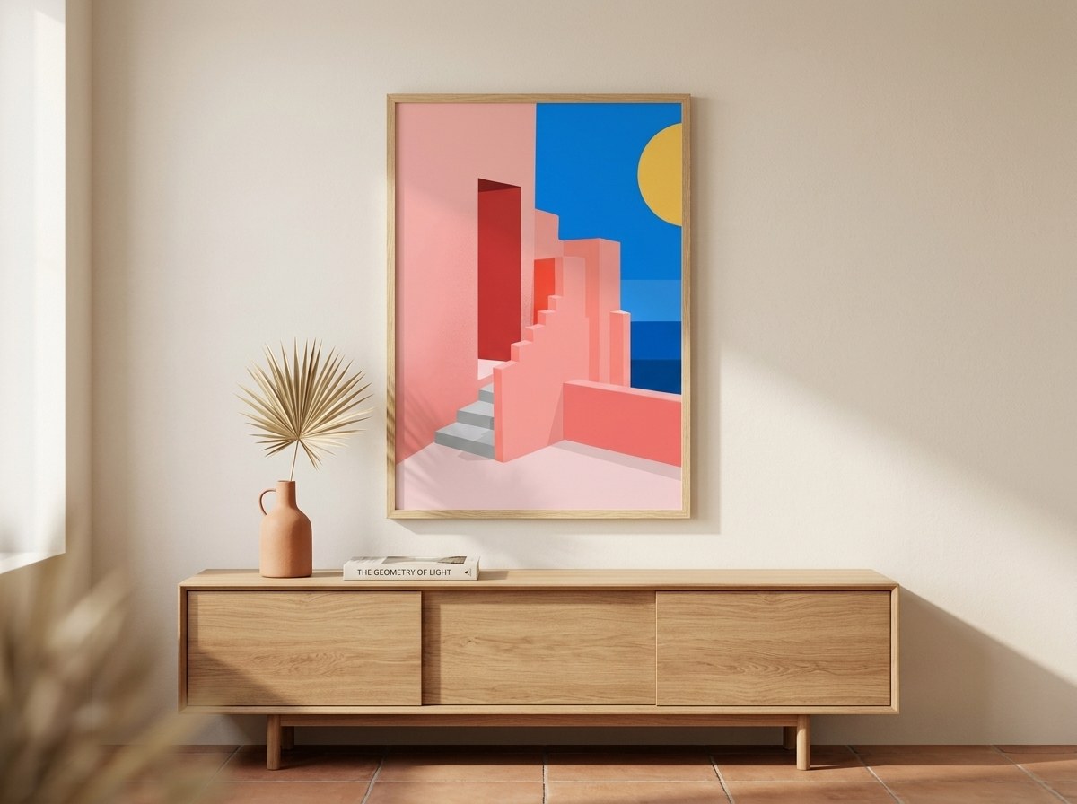 Pembe merdiven posteri, meşe konsolun üzerinde krem duvarda ahşap çerçeveli