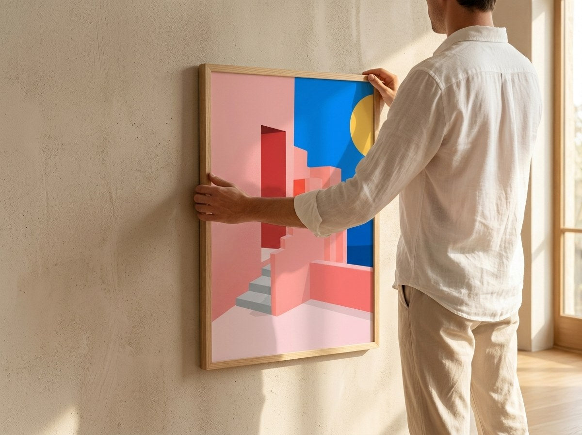 Pembe merdiven posteri duvara asılırken, çerçeve ölçüsünü gösteren görünüm