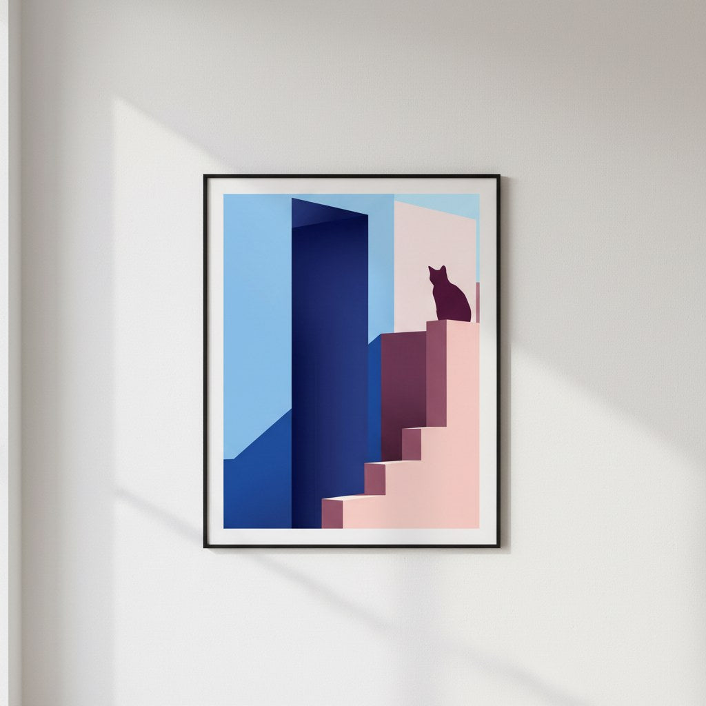 Minimalist pembe merdiven posteri, beyaz duvarda gölge düşen siyah çerçeveli