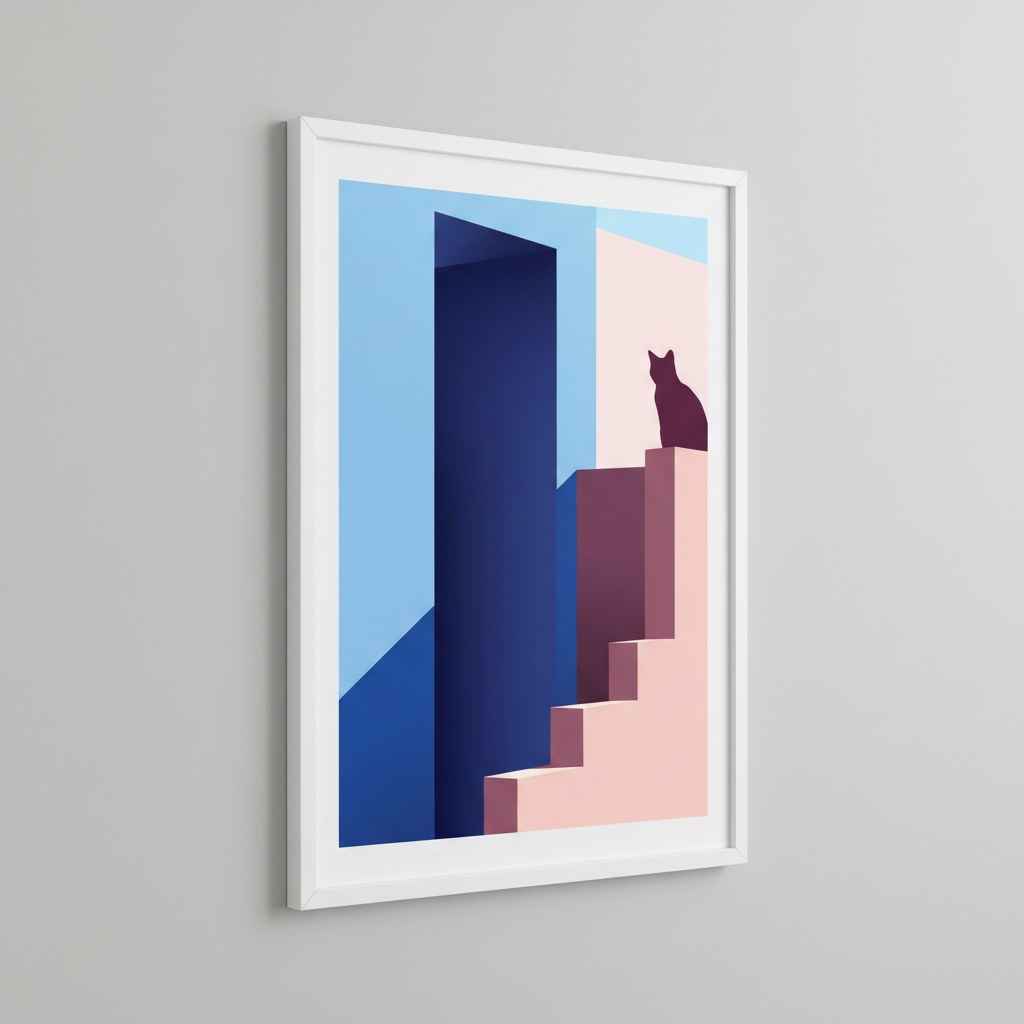 Pembe merdivende kedi silueti posteri, gri duvarda beyaz çerçeveli
