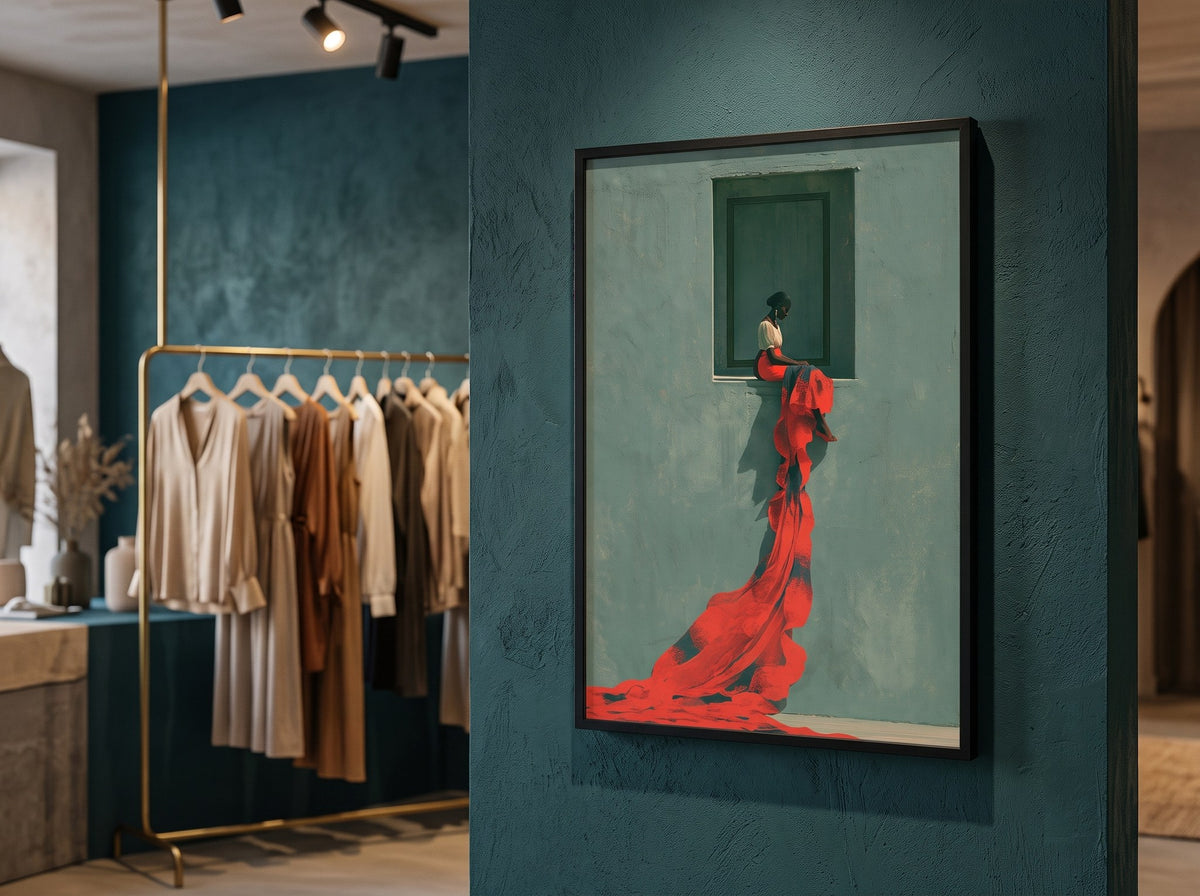 Sürreal moda posteri, moda butiğinde petrol yeşili duvarda siyah çerçeveli, askılı elbiseler önünde