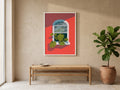 Korallenrotes Botanik-Poster mit aus dem Fenster wachsender Monstera