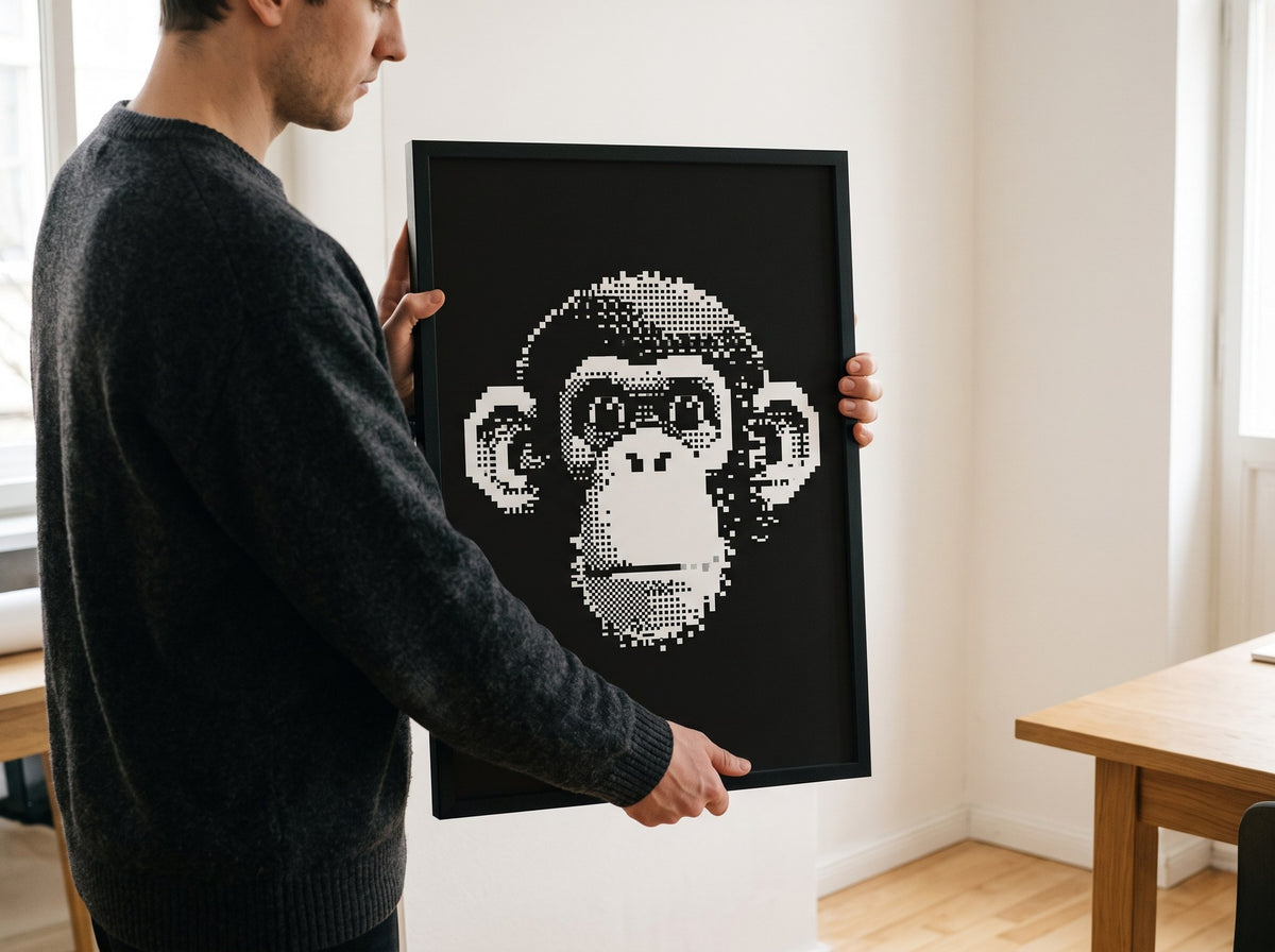 Şempanze portreli piksel posteri bir erkeğin elinde, siyah çerçeveli poster ölçü karşılaştırması