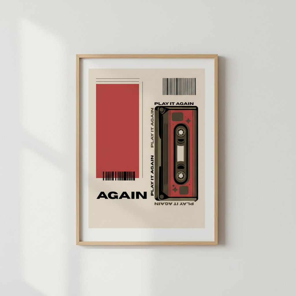 Play It Again yazılı retro kaset posteri, beyaz duvarda paspartulu ahşap çerçeveli