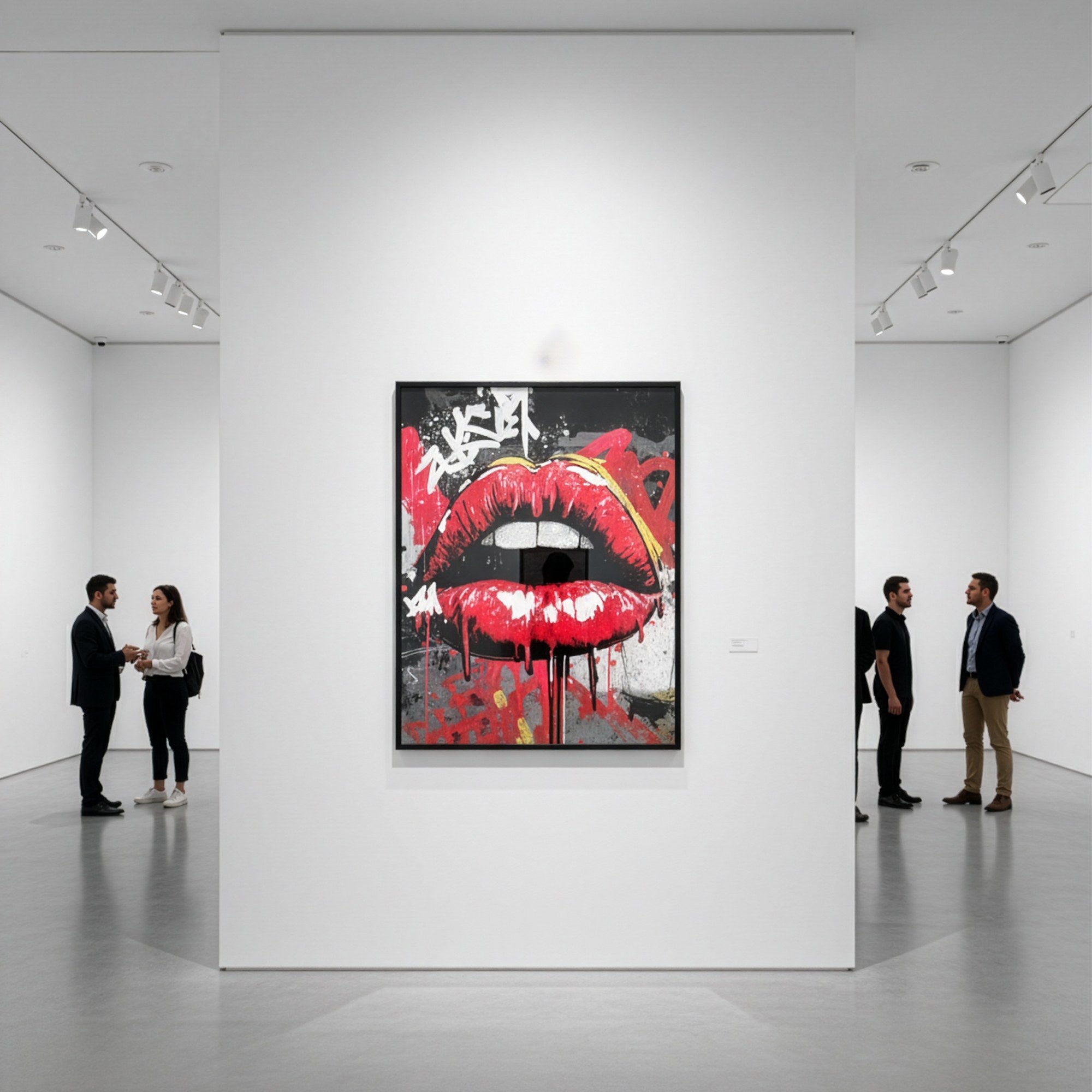 Pop art dudak posteri, beyaz galeri duvarında siyah çerçeveyle sergileniyor