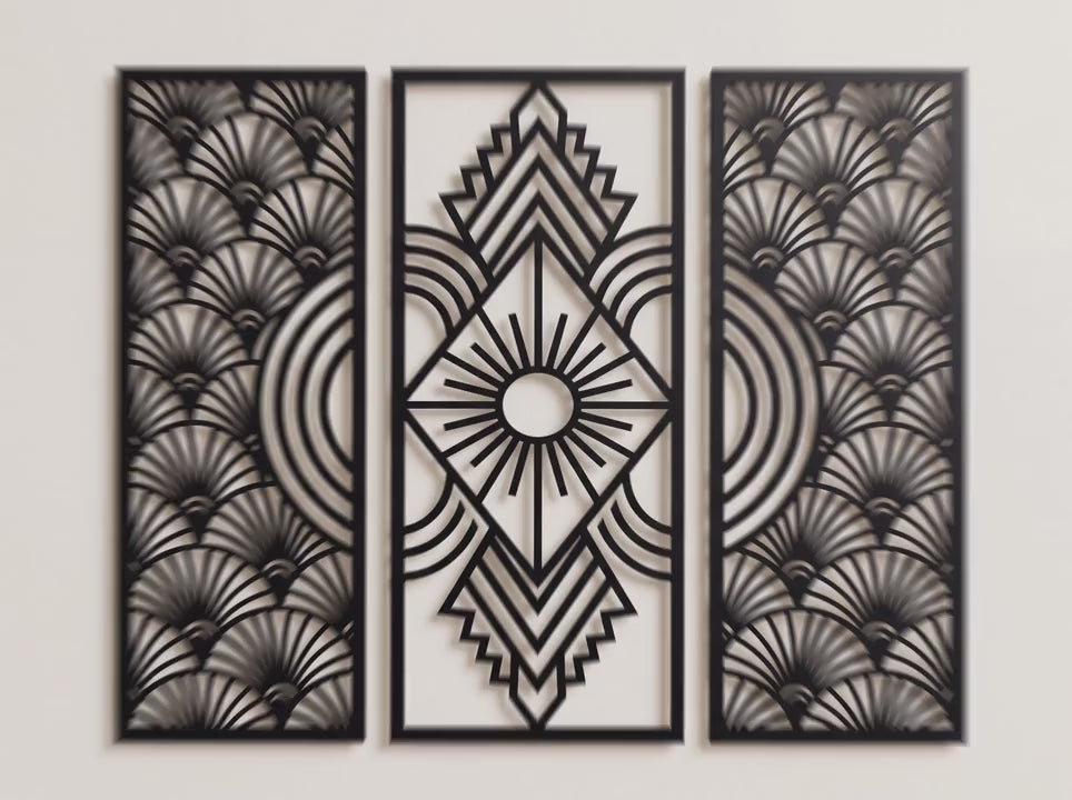 Art Deco Yelpaze ve Güneş Motifli 3'lü Ahşap Duvar Dekoru Seti ürün videosu