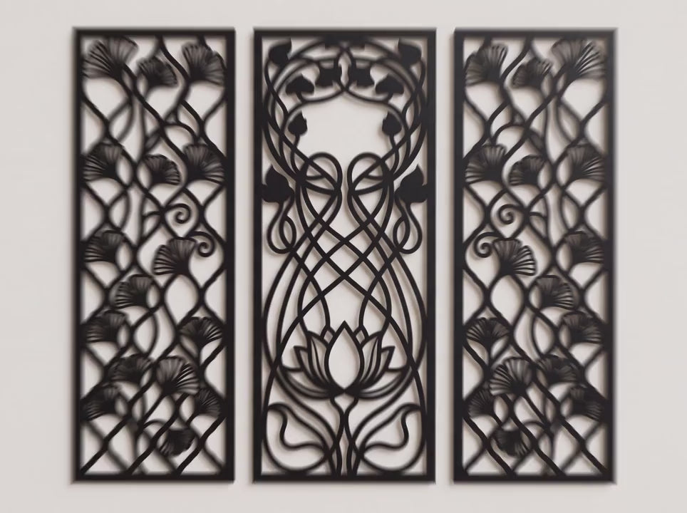 Art Nouveau Ginkgo ve Lotus Çiçeği 3'lü Ahşap Duvar Dekoru Seti ürün videosu
