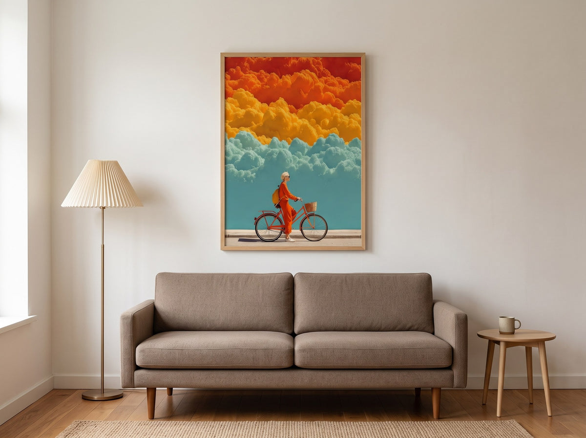 Sürreal retro bisiklet posteri, salonda gri kanepenin üzerinde doğal ahşap çerçeveli, pileli lambader eşliğinde
