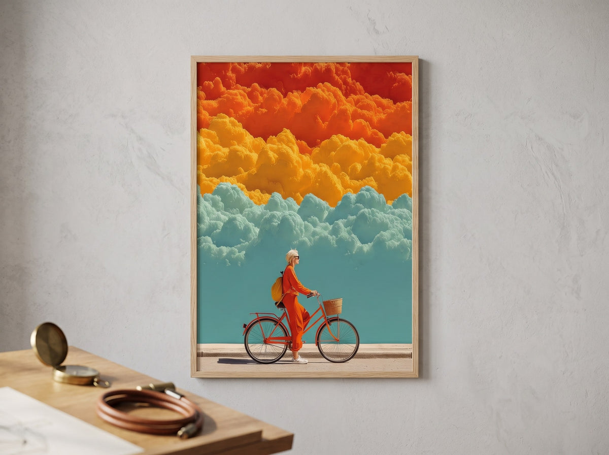 Bulutlar altında pedal çeviren bisikletli posteri, çalışma masası ve pusulanın önündeki açık gri duvarda