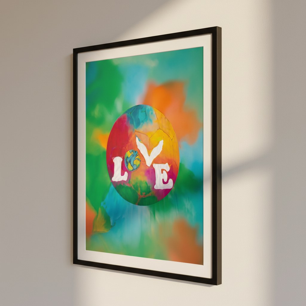 Renkli dünya temalı Love posteri, paspartulu siyah çerçevede yandan görünüm