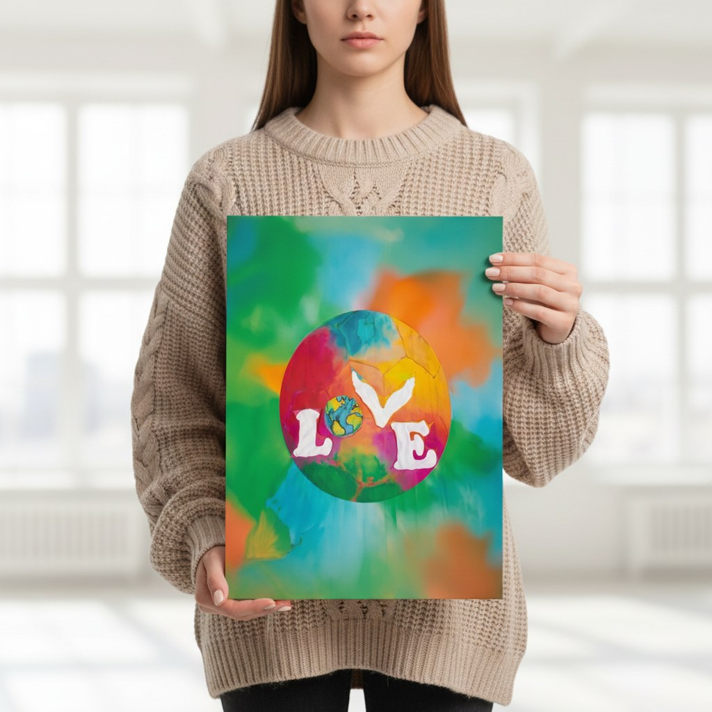 Love Earth posterini elinde tutan kişi, posterin gerçek boyutunu gösteriyor