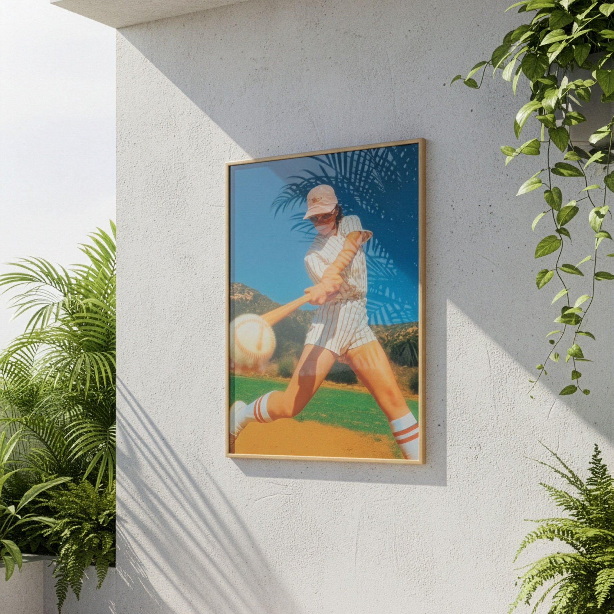 Retro beyzbol posteri, sarkan yeşil bitkilerin yanında ahşap çerçeveli duvarda