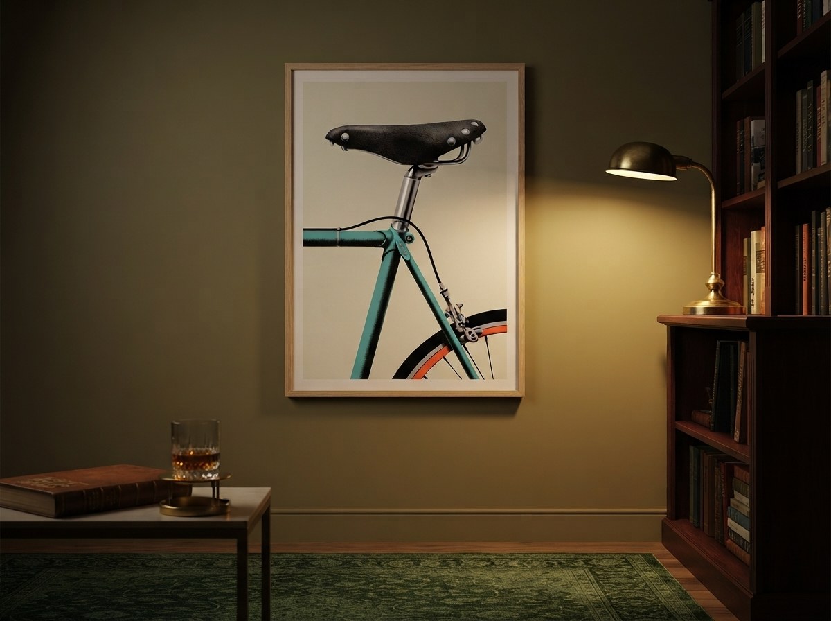 Retro bisiklet selesi posteri, koyu yeşil duvarda paspartulu ahşap çerçeveli