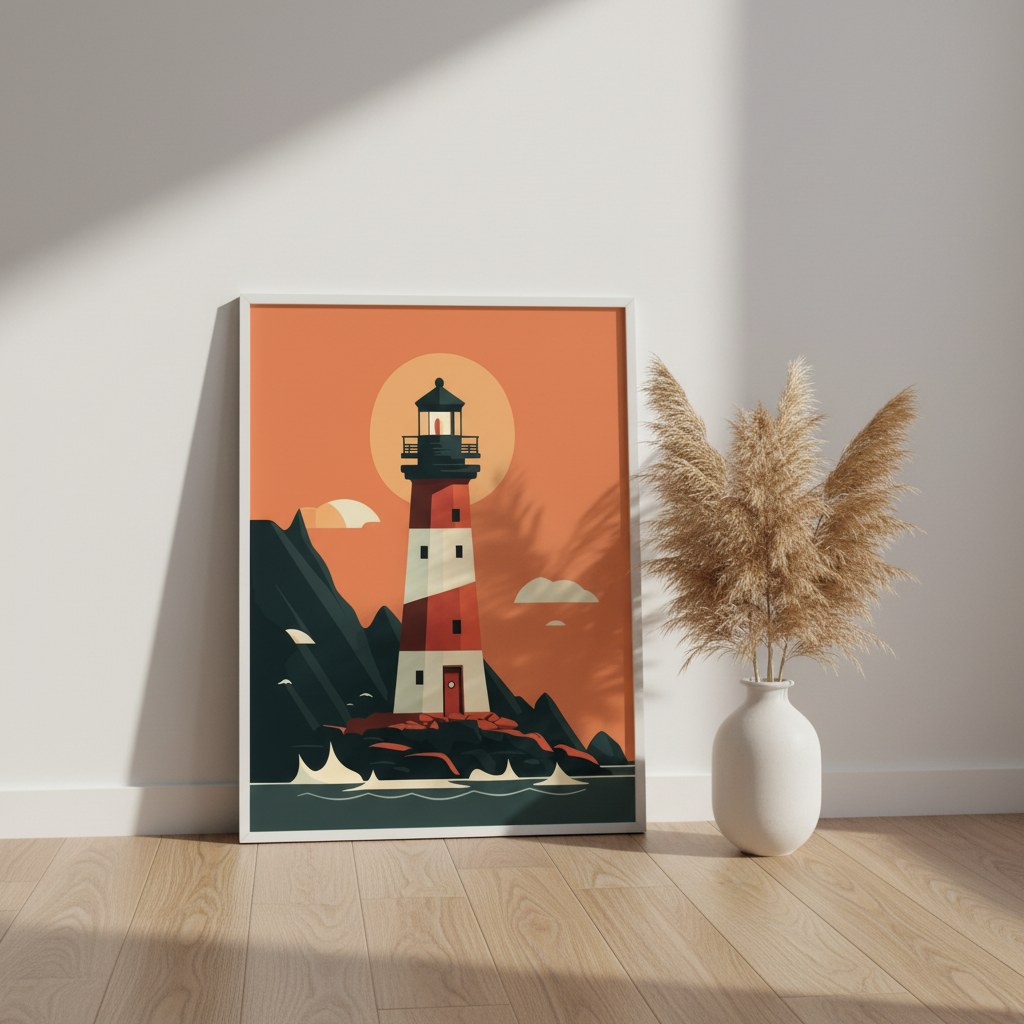 Retro deniz feneri posteri, parke zeminde beyaz çerçeveli duvara yaslanmış