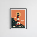 Retro Poster Roter und Weißer Leuchtturm bei Sonnenuntergang
