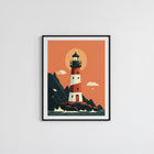 Gün Batımında Kırmızı Beyaz Deniz Feneri Retro Posteri