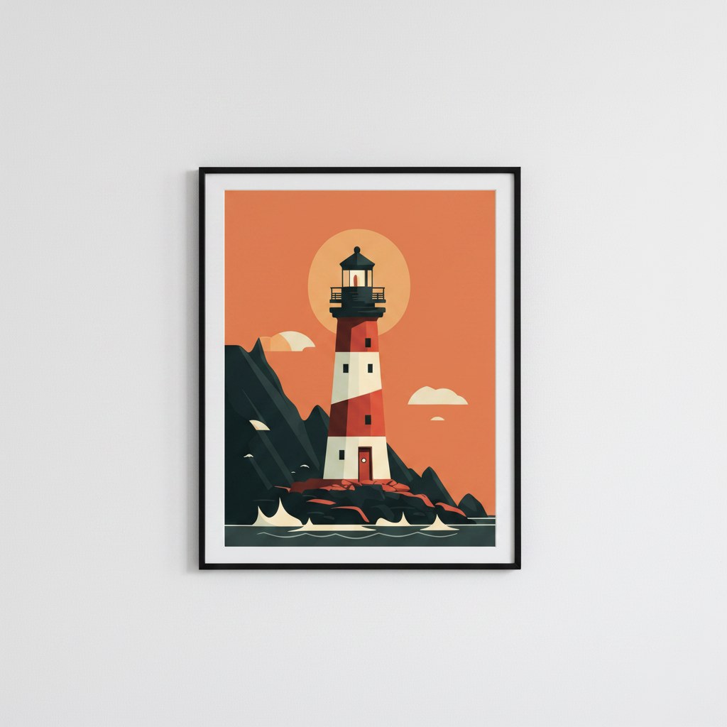 Retro deniz feneri posteri, açık gri duvarda paspartulu siyah çerçeveli