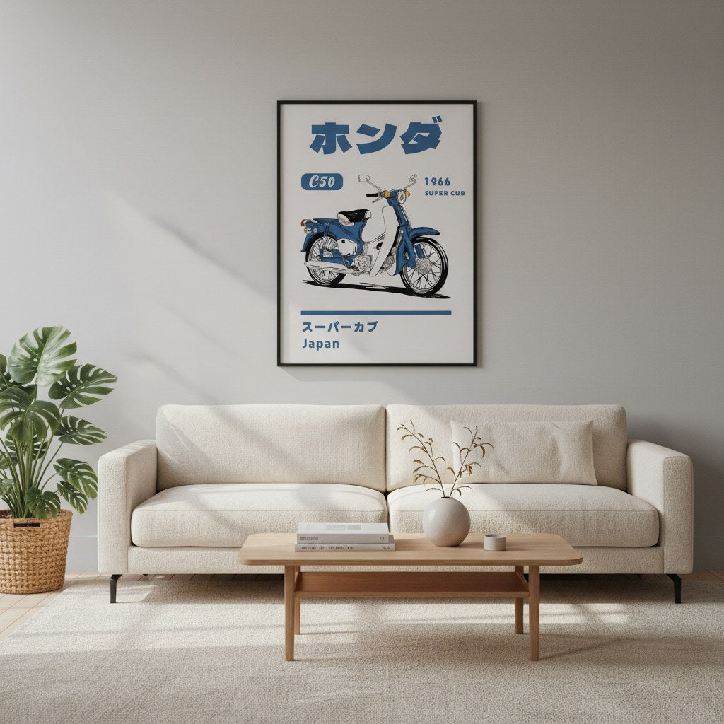 Mavi klasik motosiklet posteri, salonda krem kanepenin üzerinde siyah çerçeveli