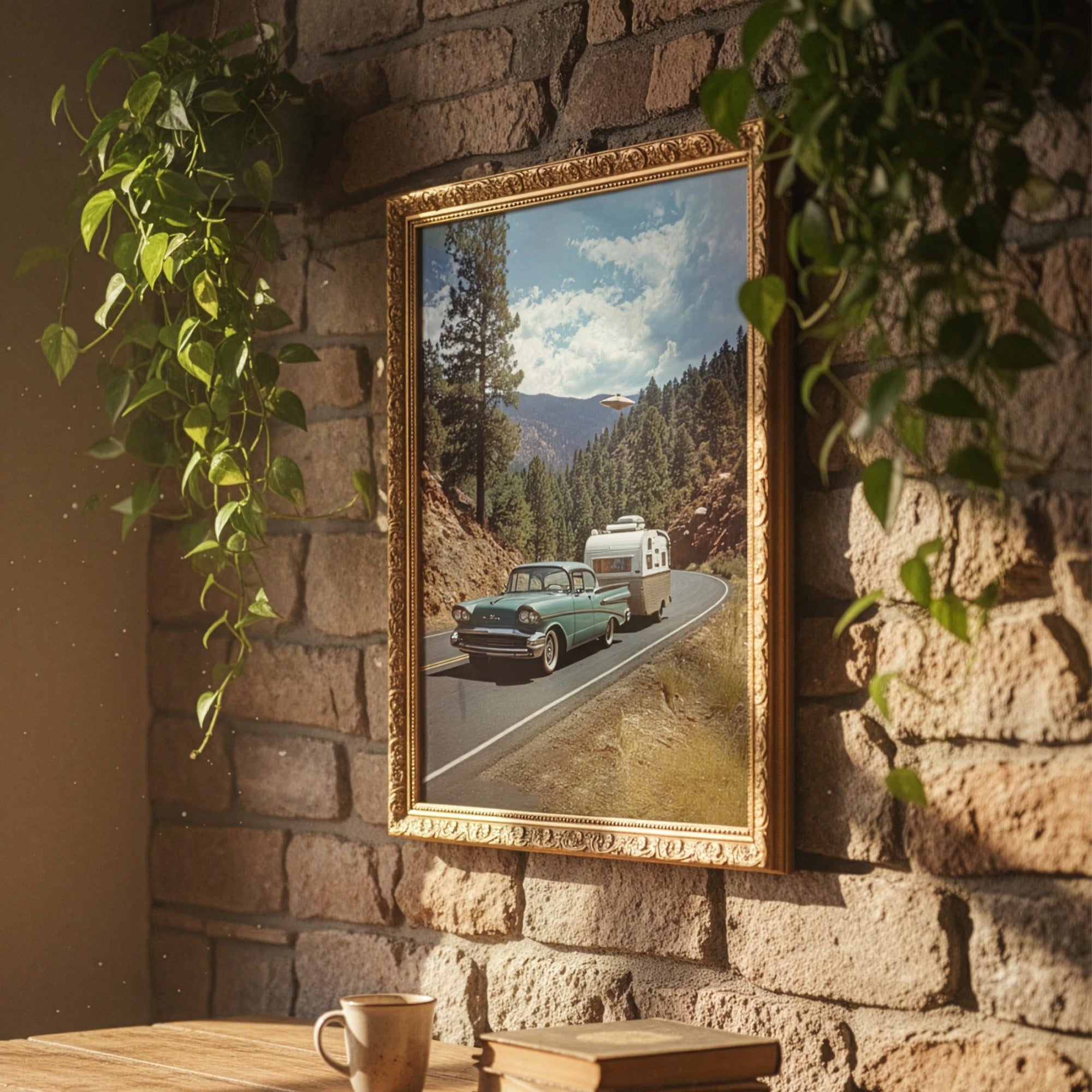 Retro karavan ve UFO posteri, galeri duvarında siyah çerçeveli ölçek gösterimi