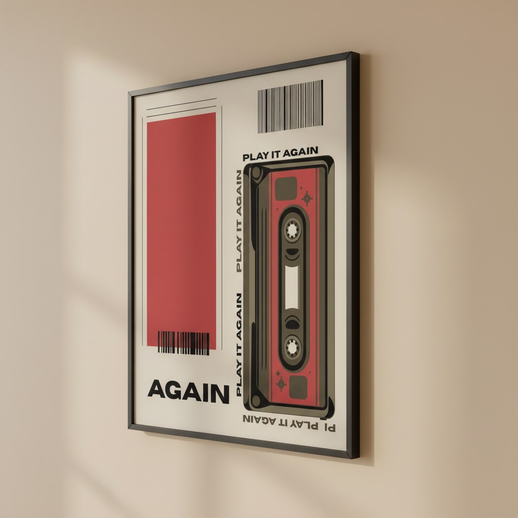 Retro kaset posteri, bej duvarda açılı çekimde siyah çerçeveli