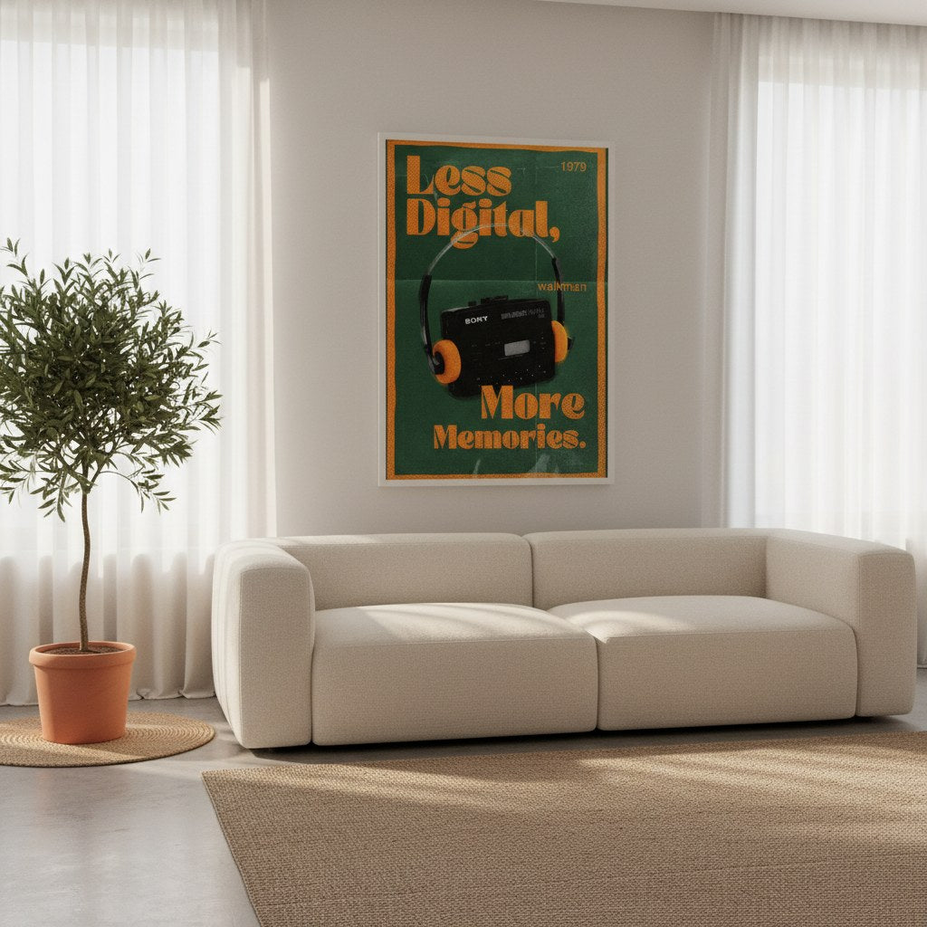 Retro kasetçalar posteri, salonda kanepe üzerinde ahşap çerçeveli