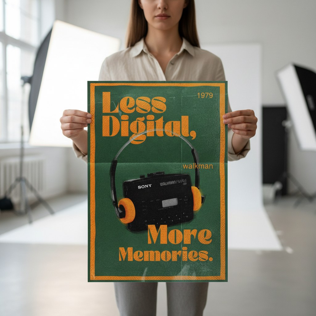Retro kasetçalar posteri elde tutularak boyut karşılaştırması yapılıyor