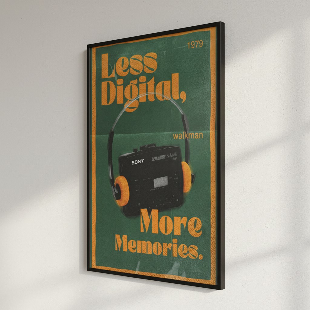 Retro kasetçalar ve turuncu kulaklık posteri, beyaz duvarda siyah çerçeveli