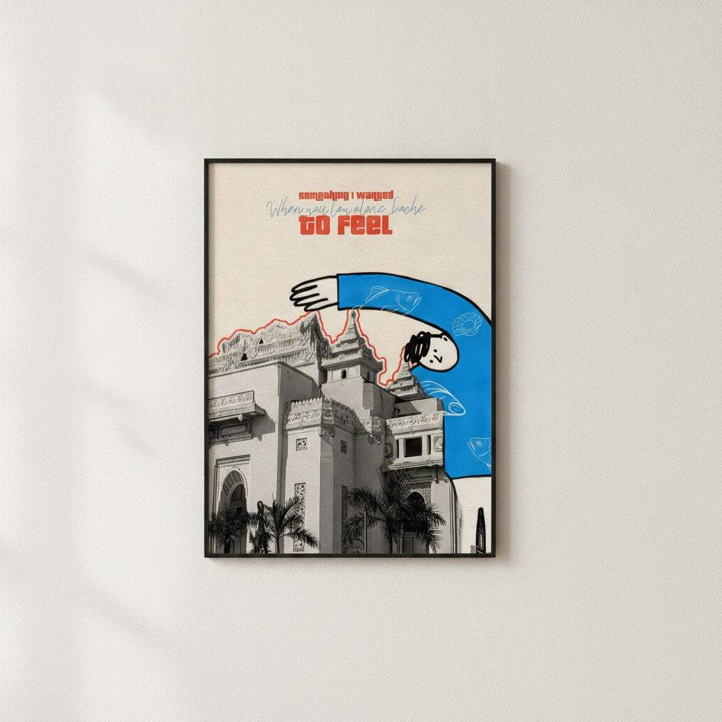 Retro kolaj posteri, tarihi bina ve mavi kol figürü, beyaz duvarda siyah çerçeveli