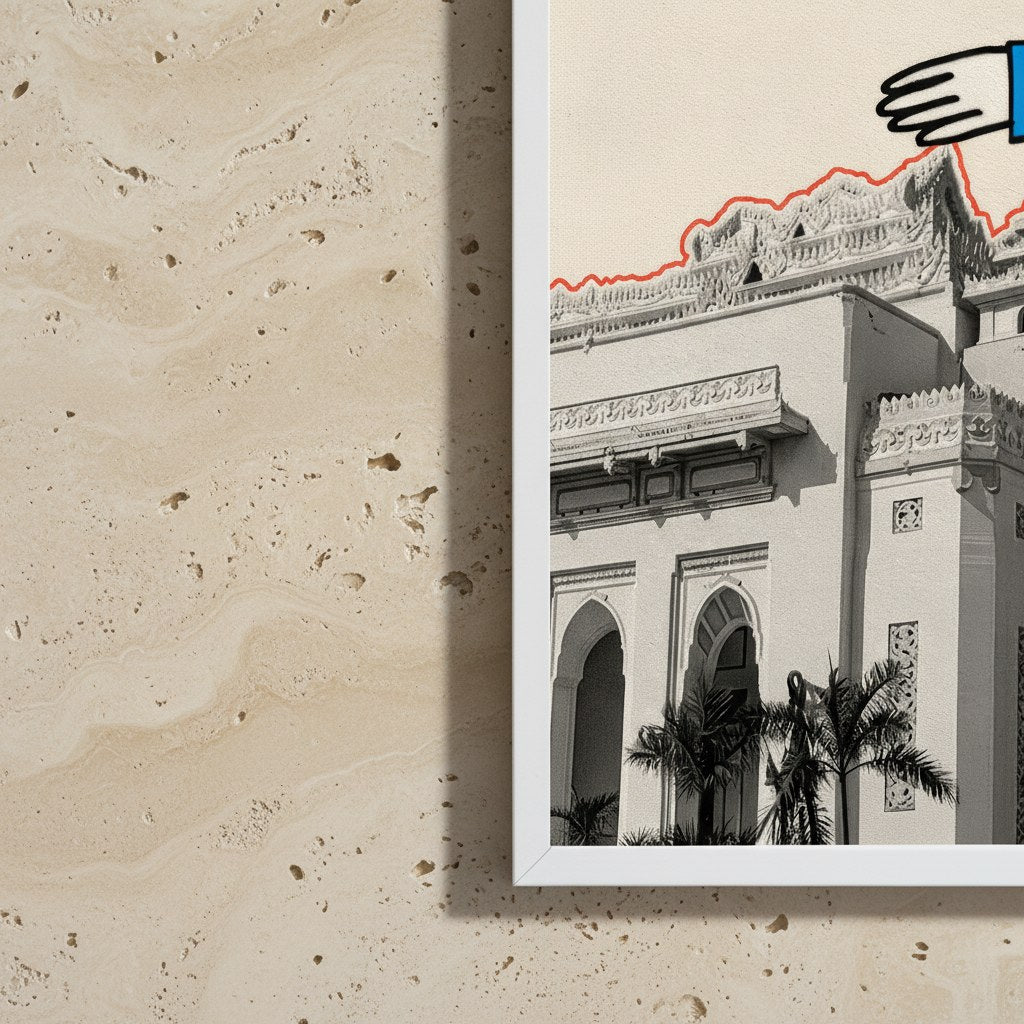 Retro kolaj posterinin yakın çekimi, traverten taş duvarda beyaz çerçeveli