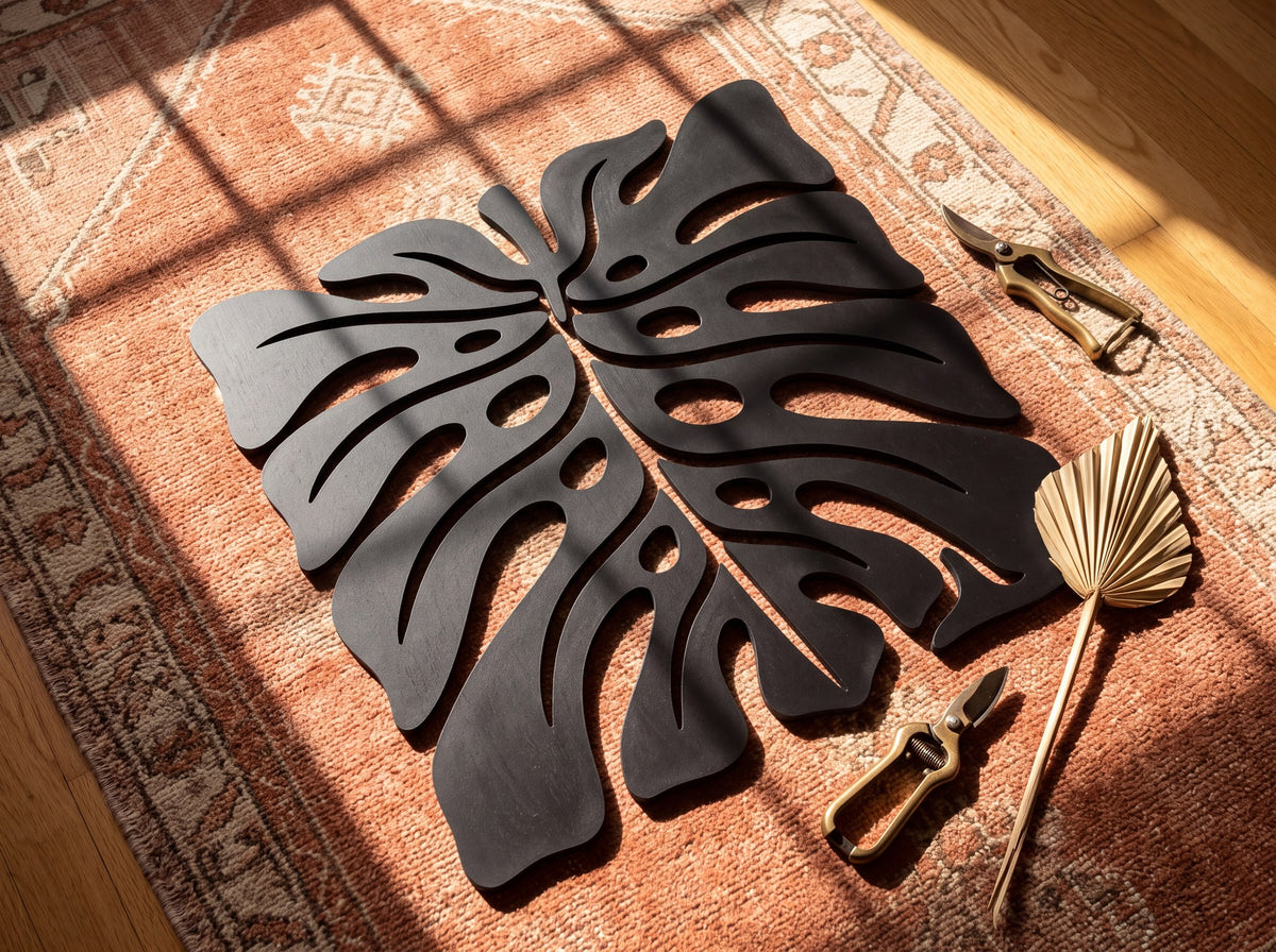 Monstera yaprağı ahşap duvar dekoru, kiremit rengi halının üzerinde budama makası ve kuru palmiyeyle