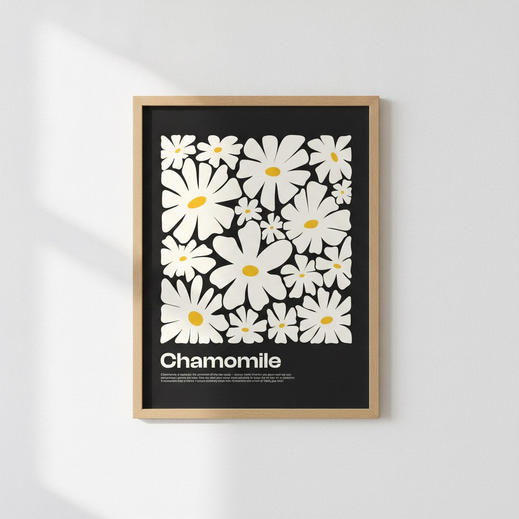 Retro papatya posteri, üzerine gün ışığı düşen beyaz duvarda ahşap çerçeveli