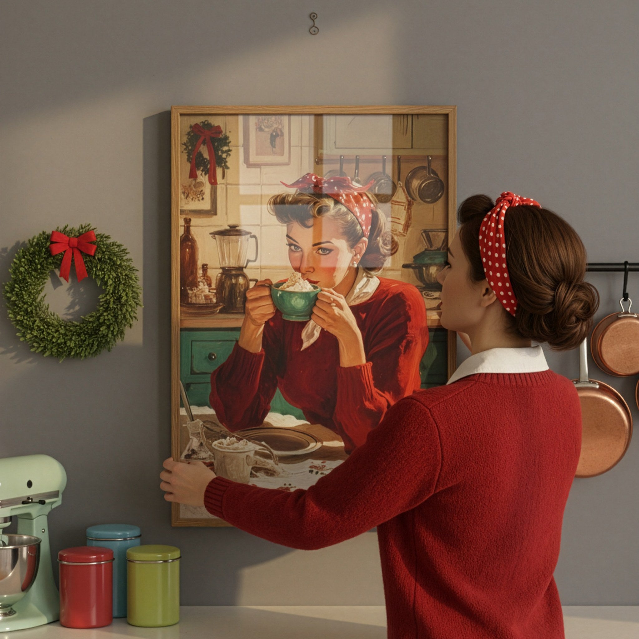 Retro sıcak çikolata posteri, duvara asan kişiyle boyut karşılaştırması