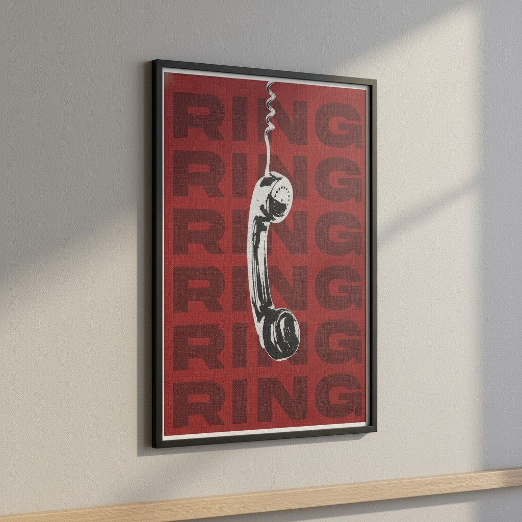 Retro telefon posteri, beyaz duvarda gün ışığıyla açılı çekimde siyah çerçeveli