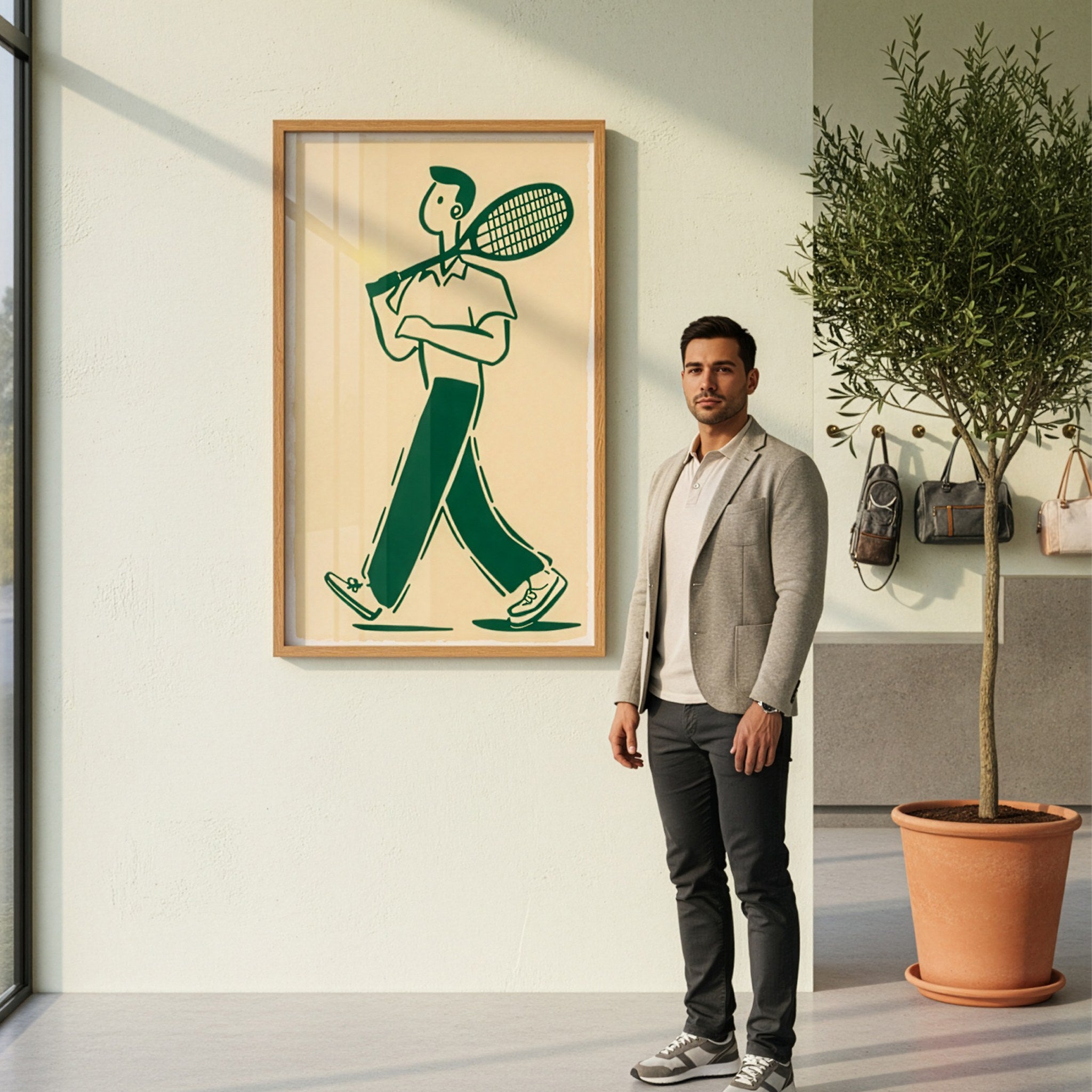 Tenis raketli figür posteri, çerçeveli olarak duvarda; yanındaki kişi ölçeği gösteriyor