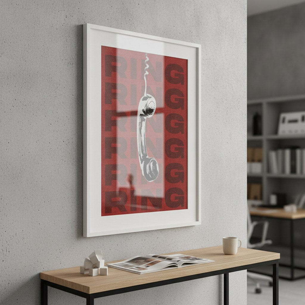 Ring Ring telefon posteri, beton duvarda konsolun üzerinde beyaz çerçeveli