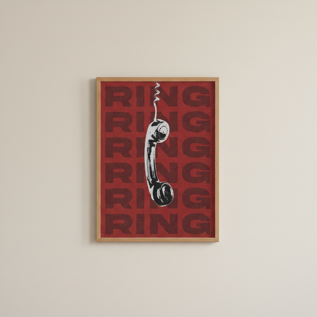 Ring Ring yazılı retro telefon posteri, krem duvarda ahşap çerçeveli