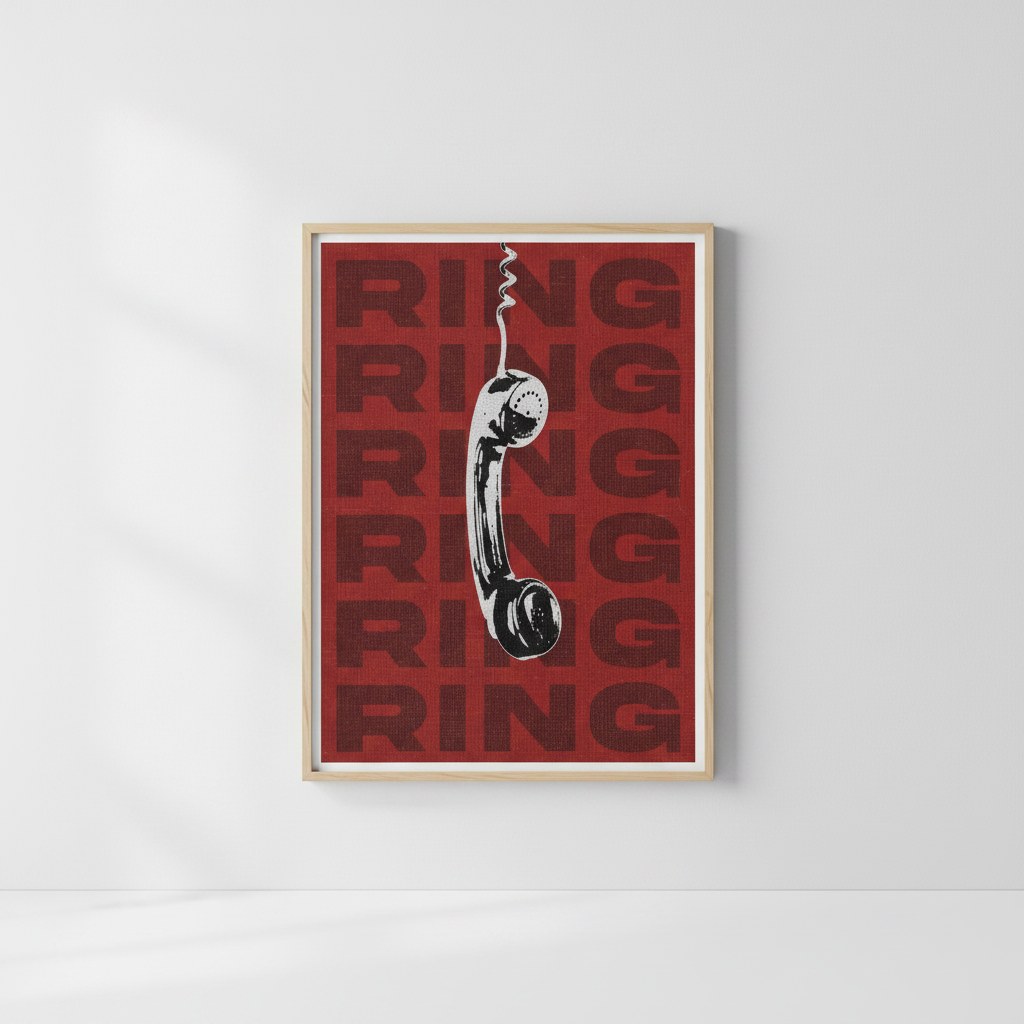 Ring Ring posteri, sade beyaz duvara yaslanmış ahşap çerçeveli