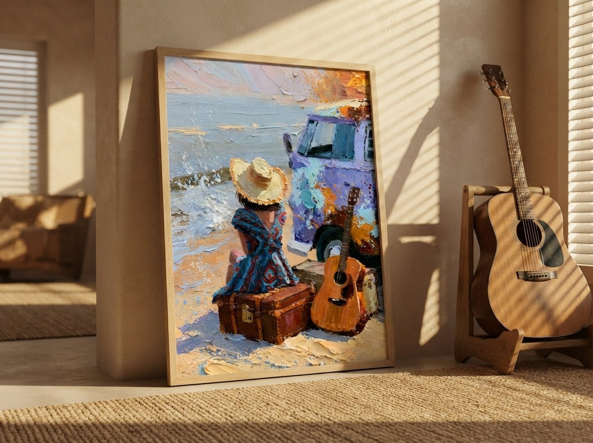 Sahil karavan posteri, gitarın yanında yere yaslanmış bohem dekorda çerçeveli