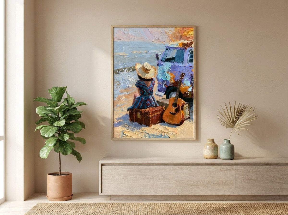 Sahilde karavan ve gitar posteri, salon duvarında konsol üzerinde ahşap çerçeveli
