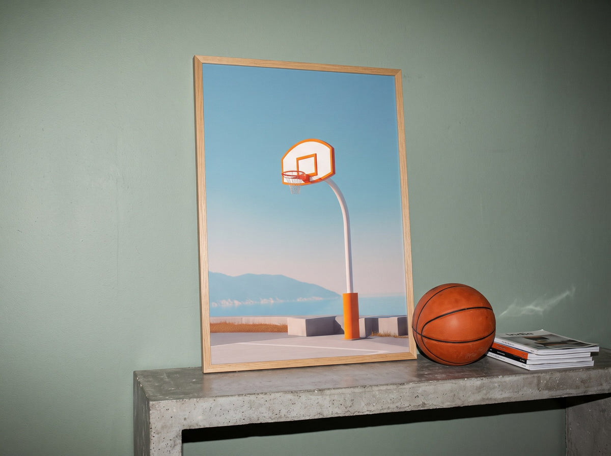 Minimalist basketbol potası posteri, beton konsolda basketbol topu ve dergilerle doğal ahşap çerçeveli