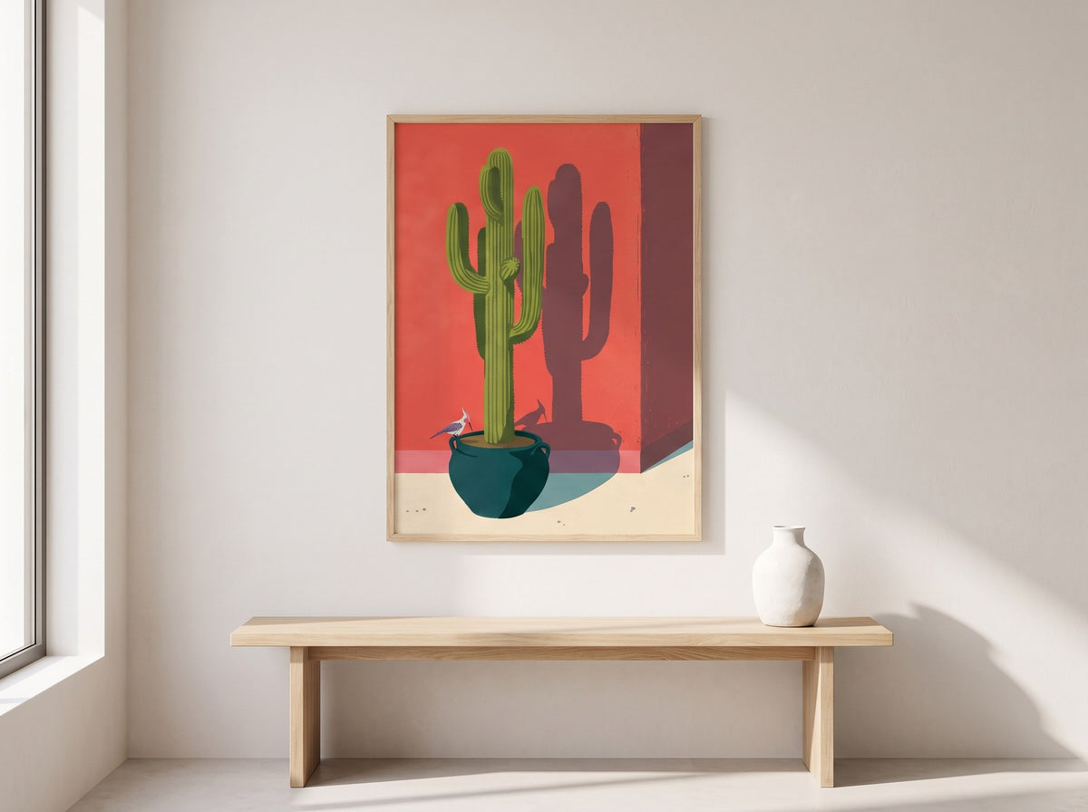 Saksıda saguaro kaktüsü posteri, aydınlık salonda ahşap bankın üzerinde doğal ahşap çerçeveli